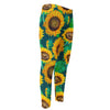 Green Watercolor Sunflower Pattern Print Men's Compression Pants