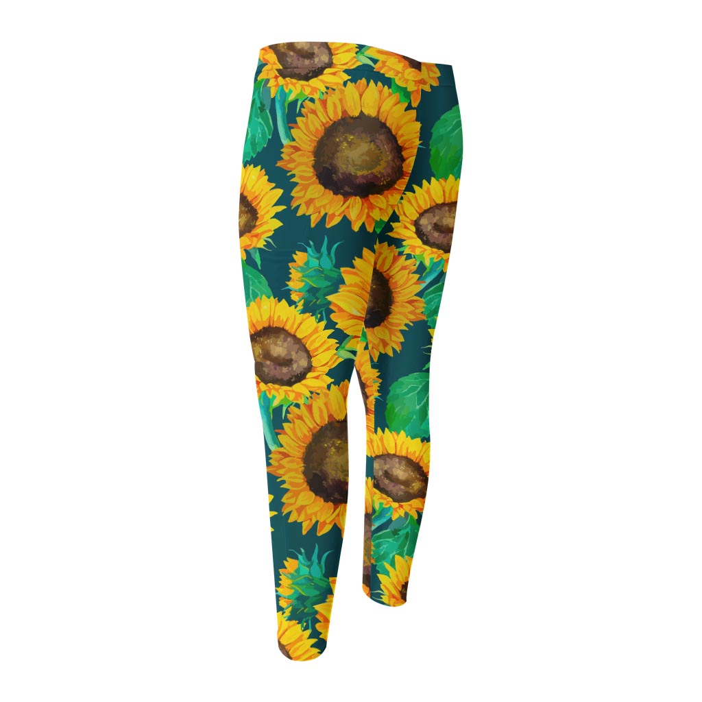 Green Watercolor Sunflower Pattern Print Men's Compression Pants