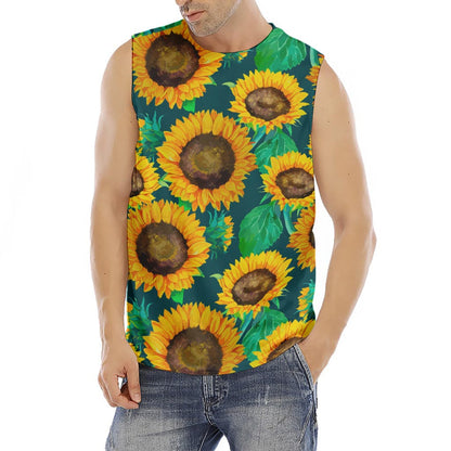 Green Watercolor Sunflower Pattern Print Men's Fitness Tank Top