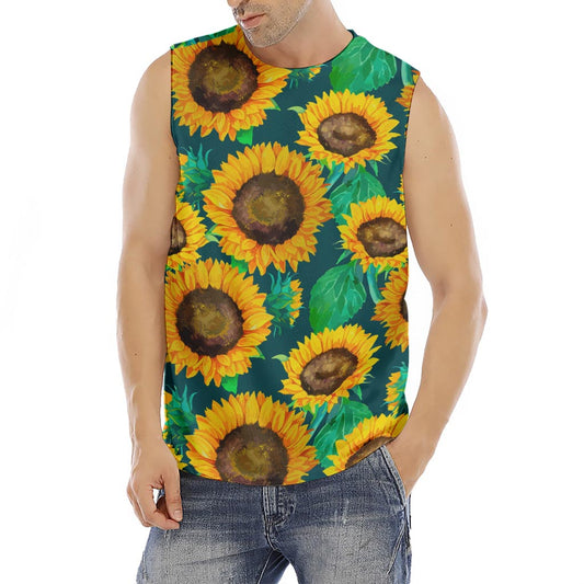 Green Watercolor Sunflower Pattern Print Men's Fitness Tank Top