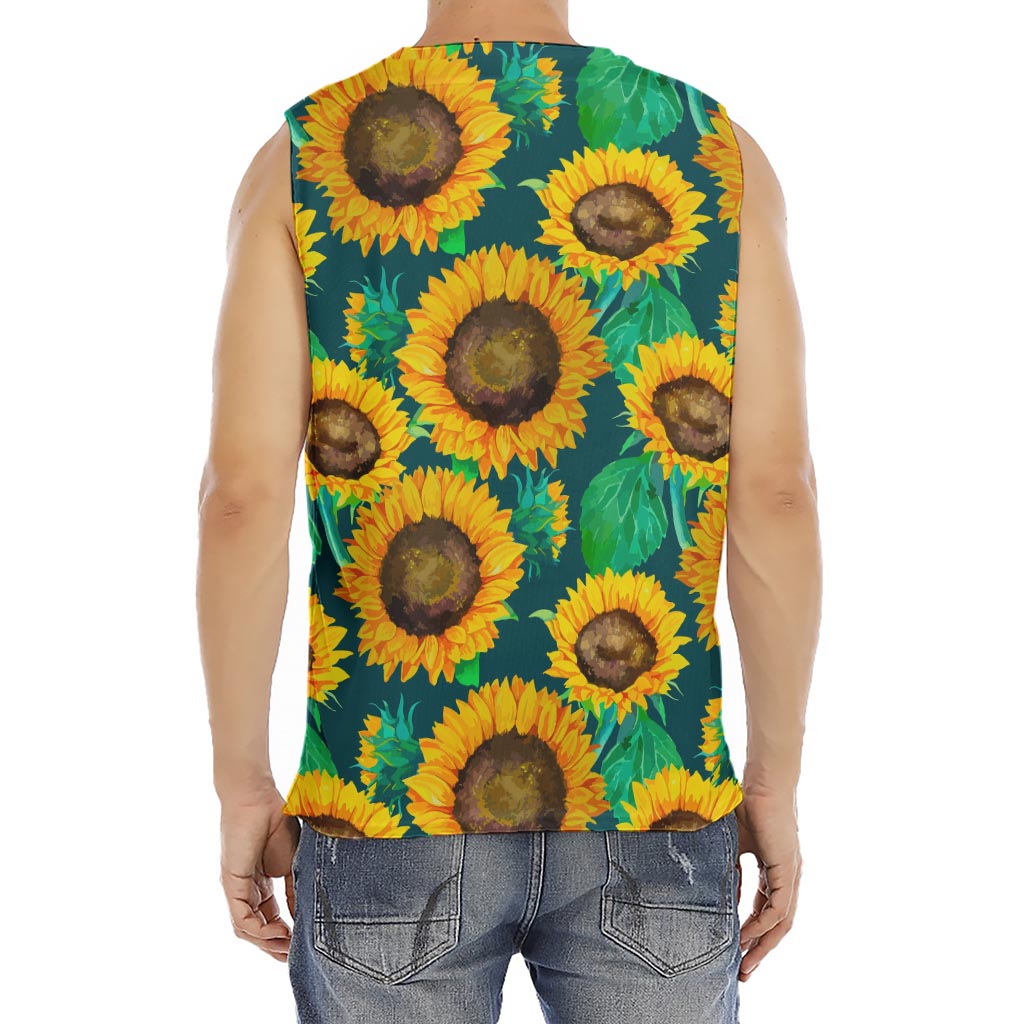 Green Watercolor Sunflower Pattern Print Men's Fitness Tank Top