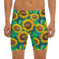 Green Watercolor Sunflower Pattern Print Men's Long Boxer Briefs