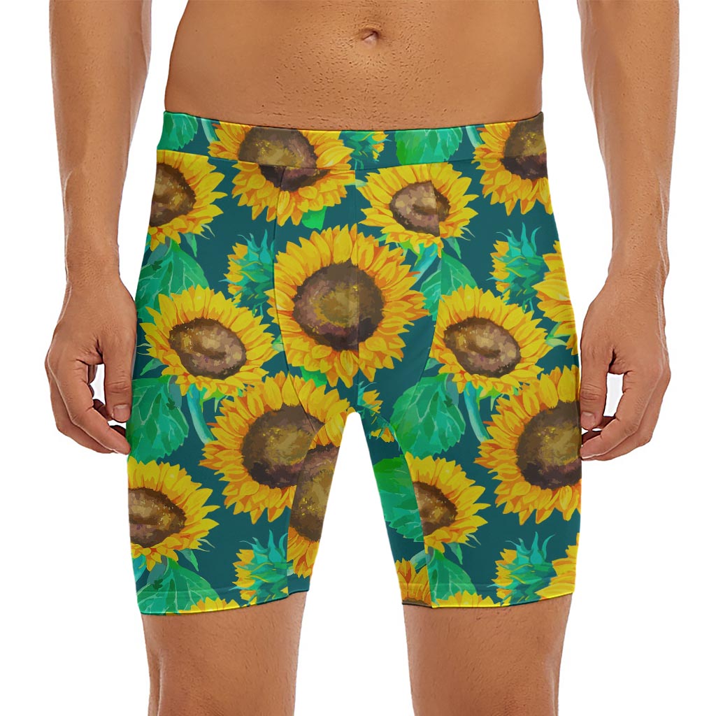 Green Watercolor Sunflower Pattern Print Men's Long Boxer Briefs