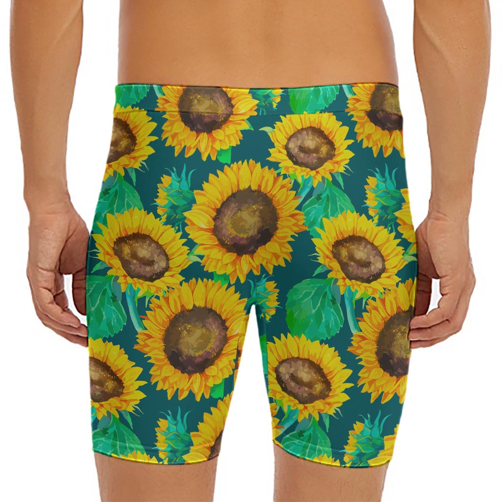 Green Watercolor Sunflower Pattern Print Men's Long Boxer Briefs