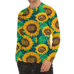 Green Watercolor Sunflower Pattern Print Men's Long Sleeve Rash Guard