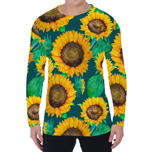 Green Watercolor Sunflower Pattern Print Men's Long Sleeve T-Shirt