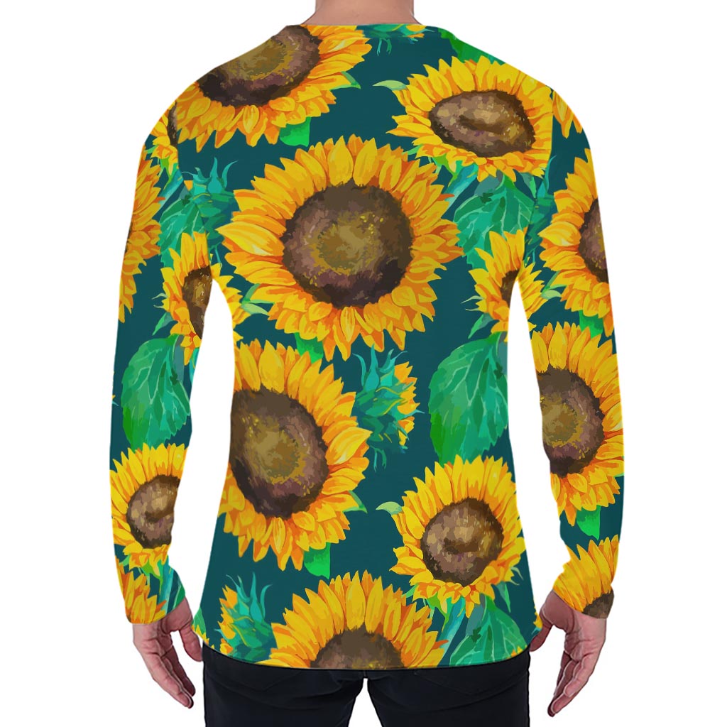 Green Watercolor Sunflower Pattern Print Men's Long Sleeve T-Shirt