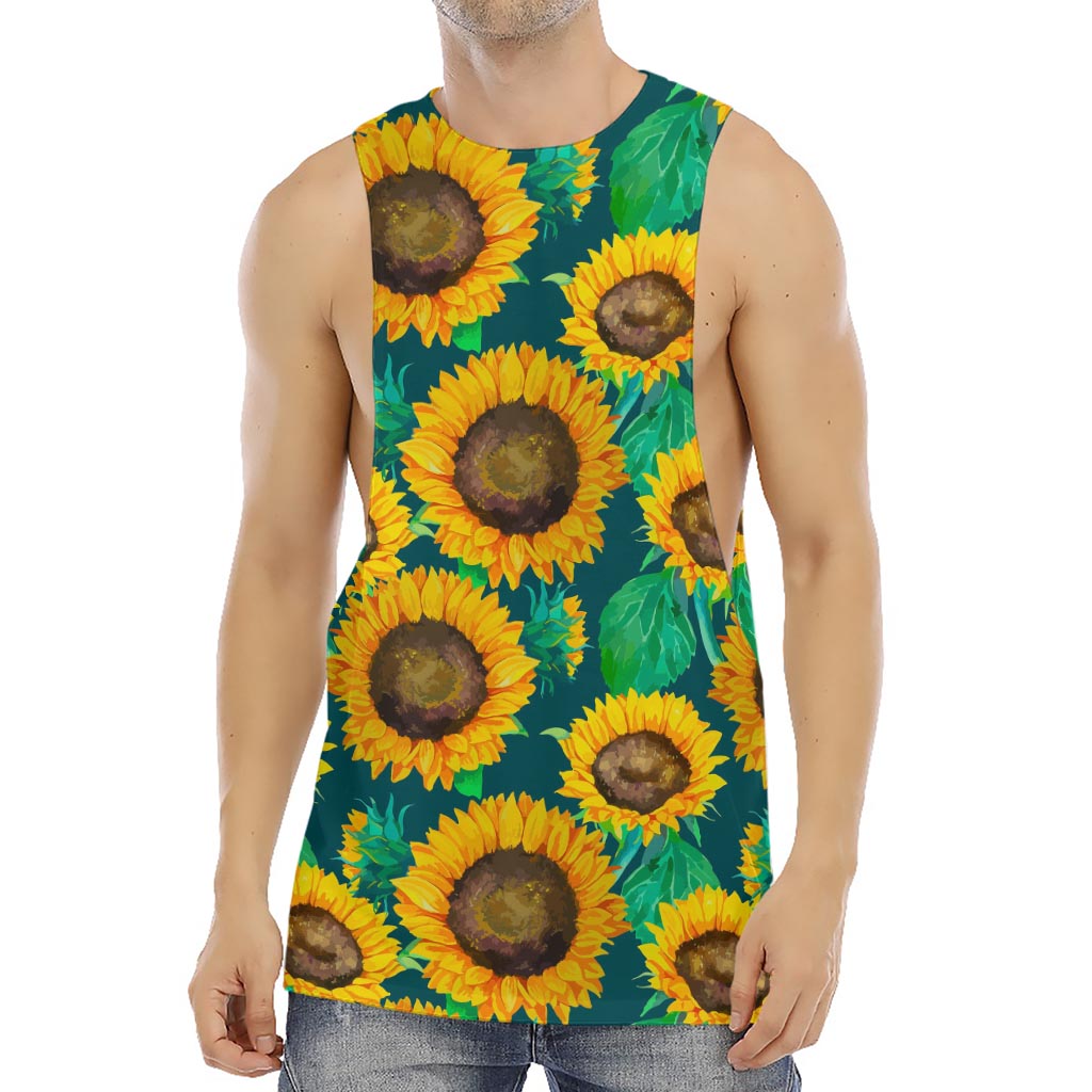 Green Watercolor Sunflower Pattern Print Men's Muscle Tank Top