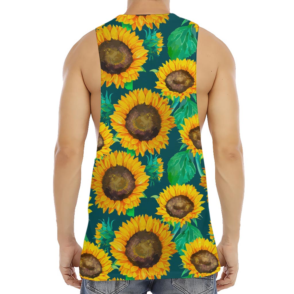 Green Watercolor Sunflower Pattern Print Men's Muscle Tank Top