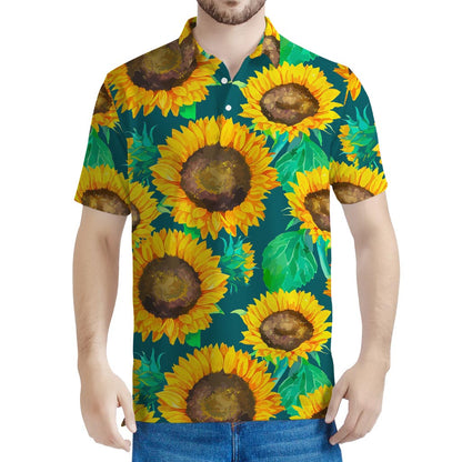 Green Watercolor Sunflower Pattern Print Men's Polo Shirt