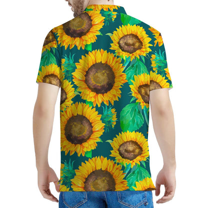 Green Watercolor Sunflower Pattern Print Men's Polo Shirt