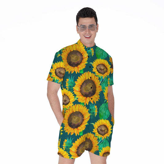 Green Watercolor Sunflower Pattern Print Men's Rompers