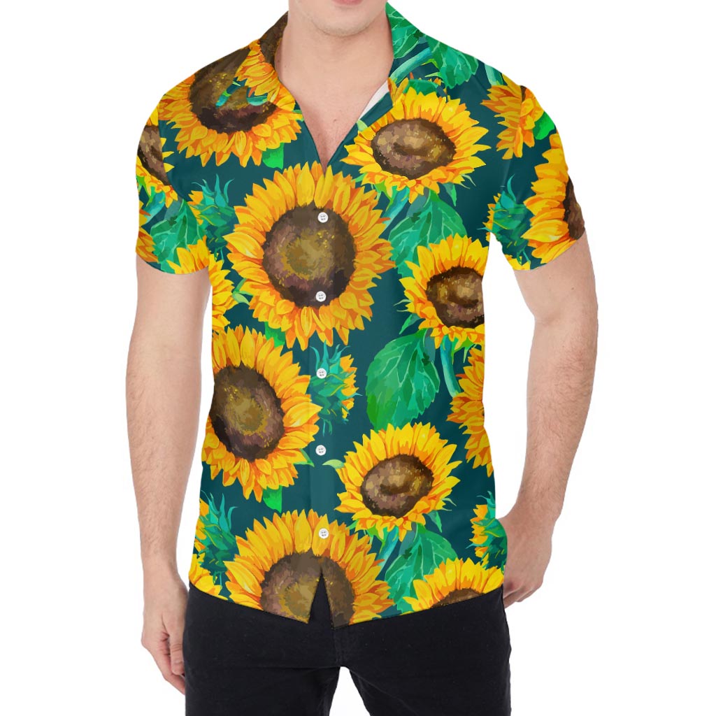 Green Watercolor Sunflower Pattern Print Men's Shirt