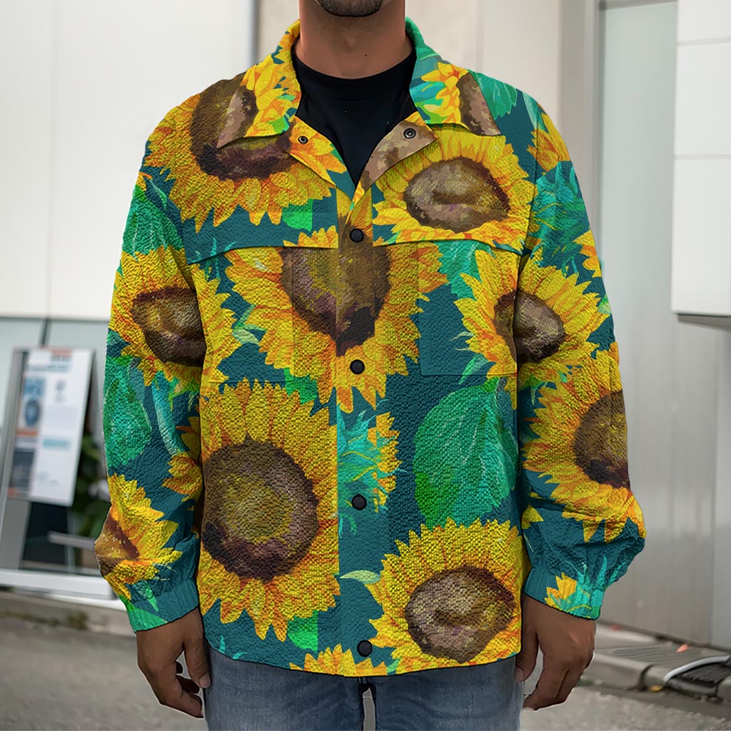 Green Watercolor Sunflower Pattern Print Men's Shirt Jacket