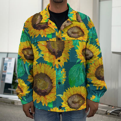 Green Watercolor Sunflower Pattern Print Men's Shirt Jacket