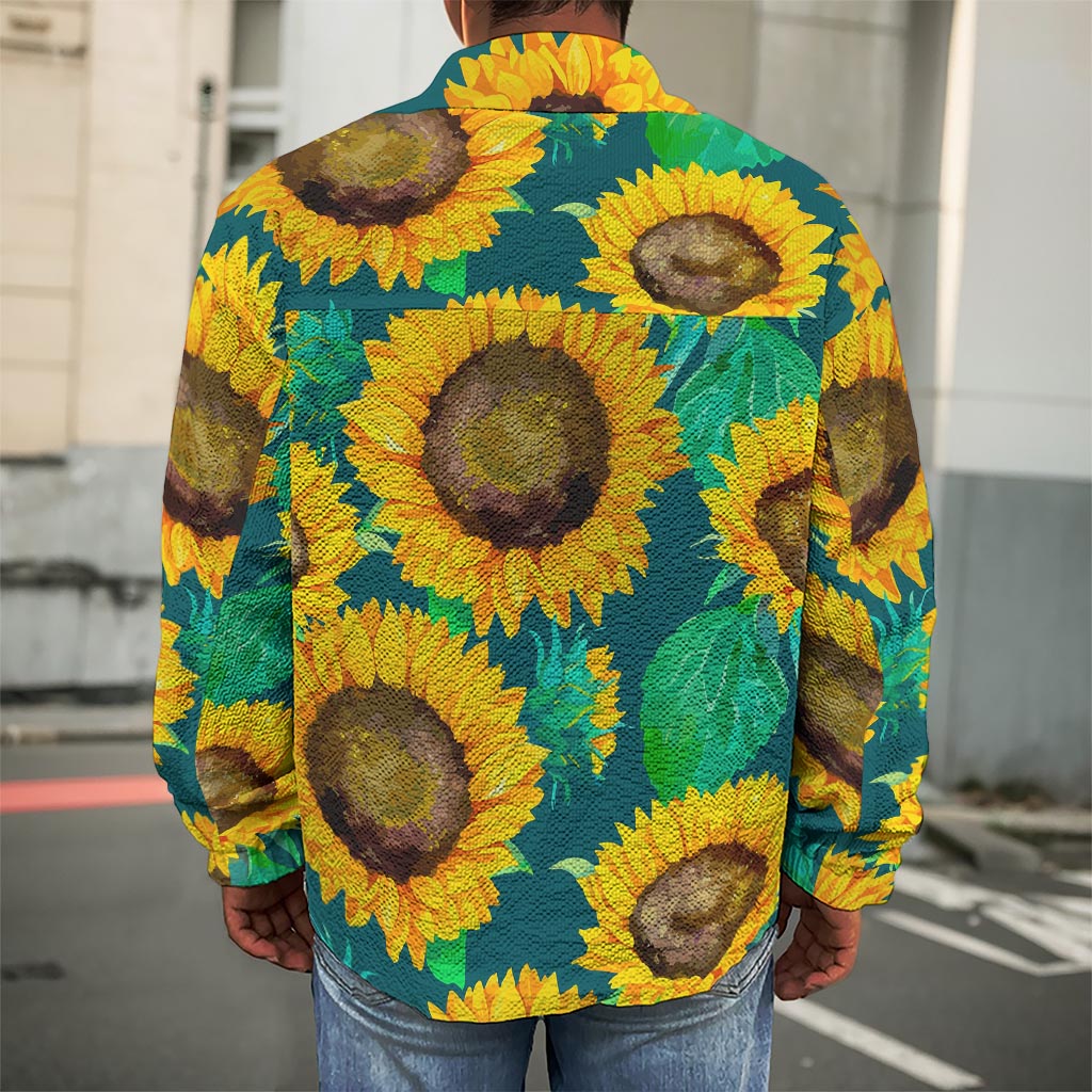 Green Watercolor Sunflower Pattern Print Men's Shirt Jacket