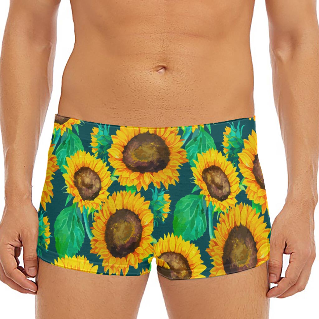 Green Watercolor Sunflower Pattern Print Men's Short Boxer Briefs