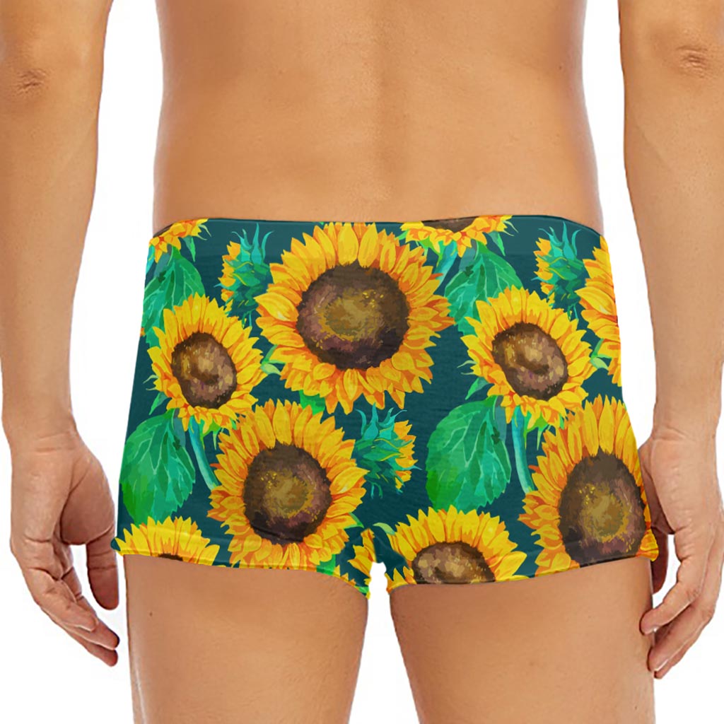 Green Watercolor Sunflower Pattern Print Men's Short Boxer Briefs