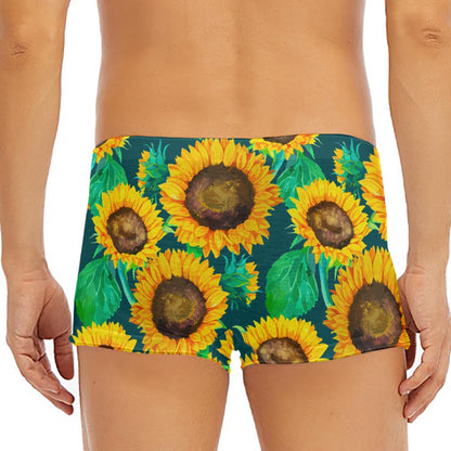 Green Watercolor Sunflower Pattern Print Men's Short Boxer Briefs