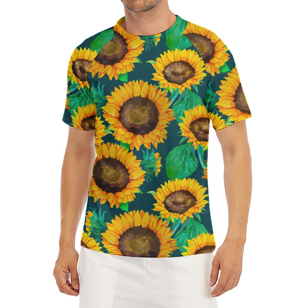 Green Watercolor Sunflower Pattern Print Men's Short Sleeve Rash Guard