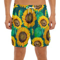 Green Watercolor Sunflower Pattern Print Men's Split Running Shorts