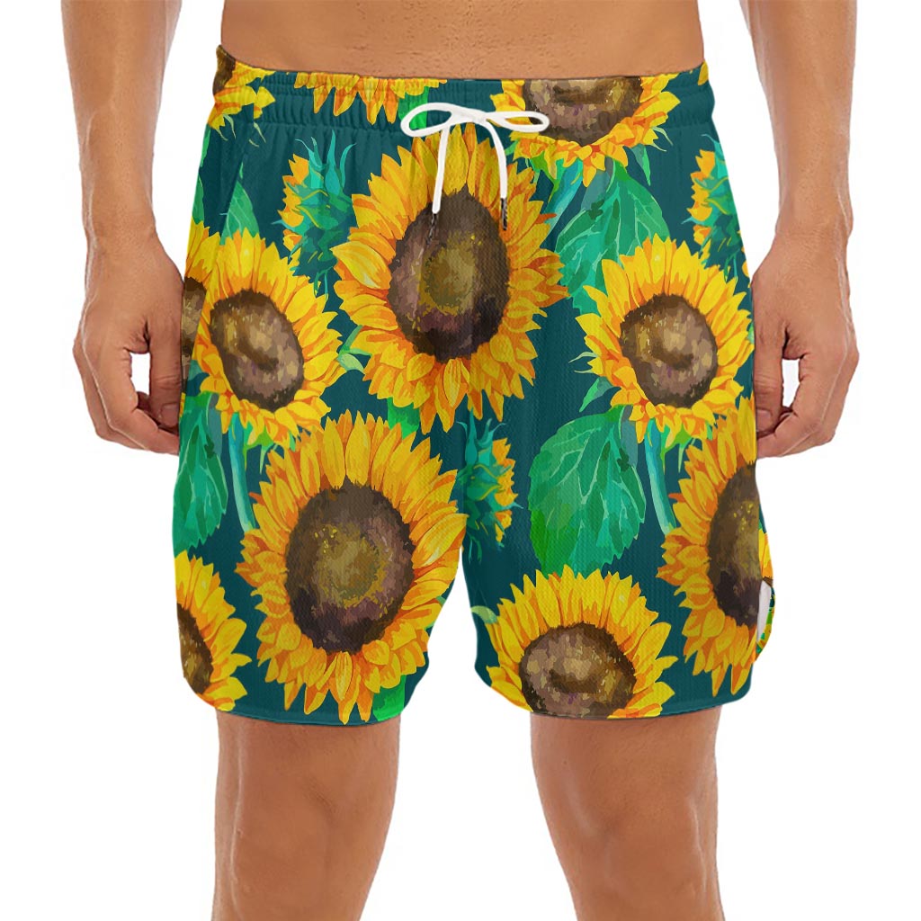 Green Watercolor Sunflower Pattern Print Men's Split Running Shorts