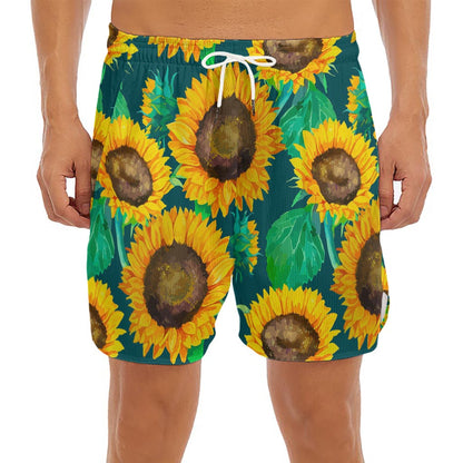 Green Watercolor Sunflower Pattern Print Men's Split Running Shorts
