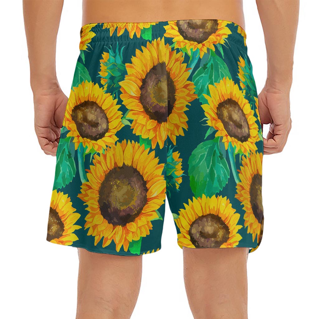 Green Watercolor Sunflower Pattern Print Men's Split Running Shorts