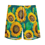 Green Watercolor Sunflower Pattern Print Men's Sports Shorts