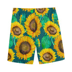 Green Watercolor Sunflower Pattern Print Men's Sports Shorts