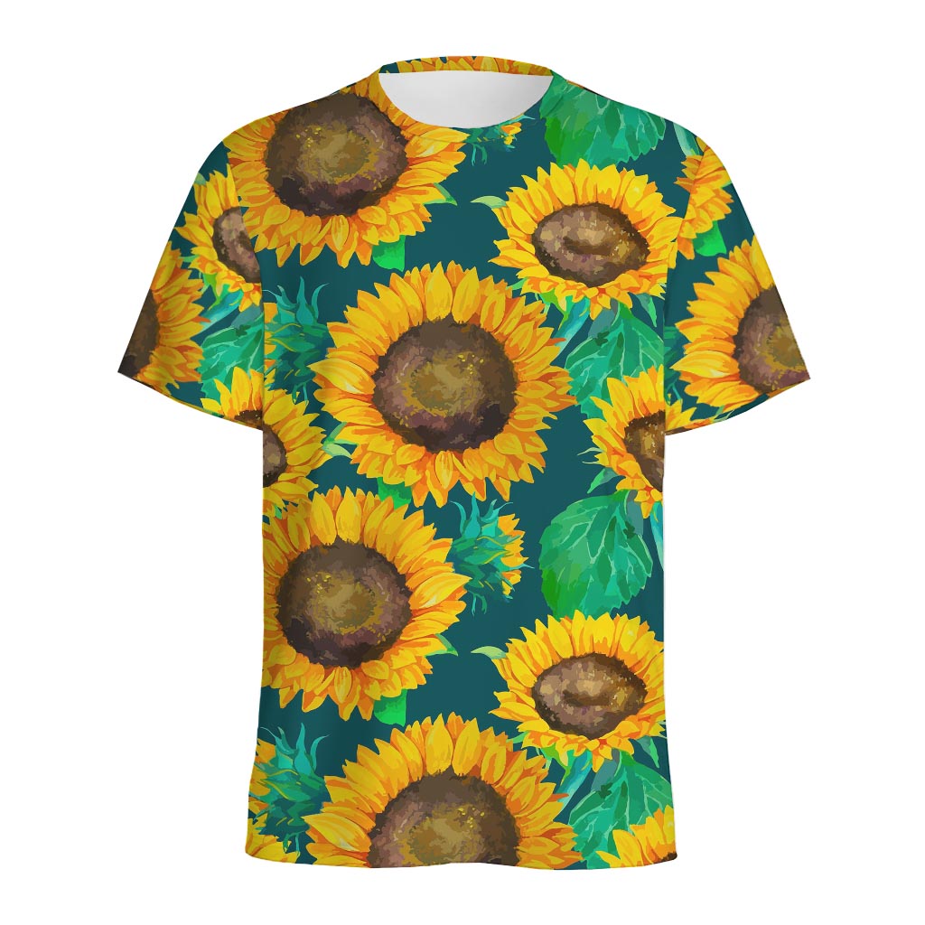 Green Watercolor Sunflower Pattern Print Men's Sports T-Shirt