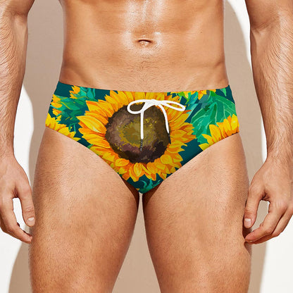 Green Watercolor Sunflower Pattern Print Men's Swim Briefs