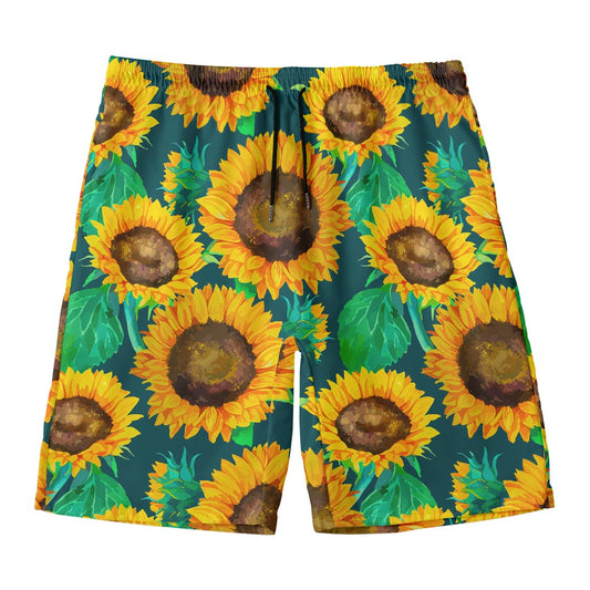 Green Watercolor Sunflower Pattern Print Men's Swim Trunks