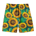 Green Watercolor Sunflower Pattern Print Men's Swim Trunks