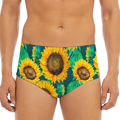 Green Watercolor Sunflower Pattern Print Men's Triangle Swim Briefs