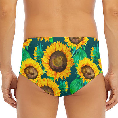 Green Watercolor Sunflower Pattern Print Men's Triangle Swim Briefs