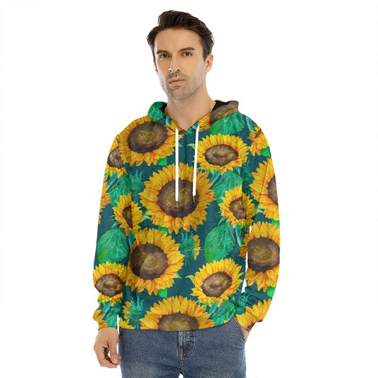Green Watercolor Sunflower Pattern Print Men's Velvet Pullover Hoodie