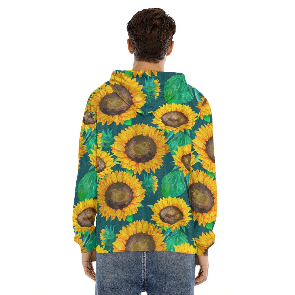 Green Watercolor Sunflower Pattern Print Men's Velvet Pullover Hoodie