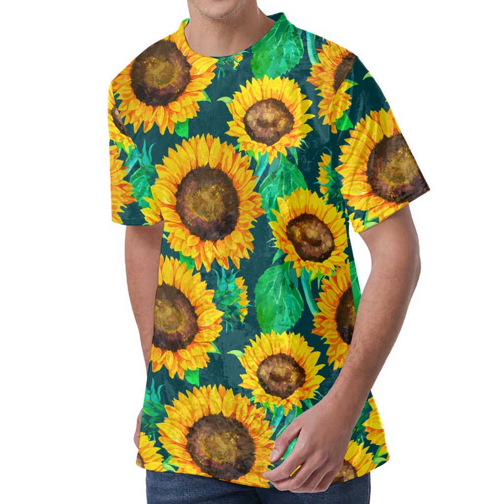 Green Watercolor Sunflower Pattern Print Men's Velvet T-Shirt