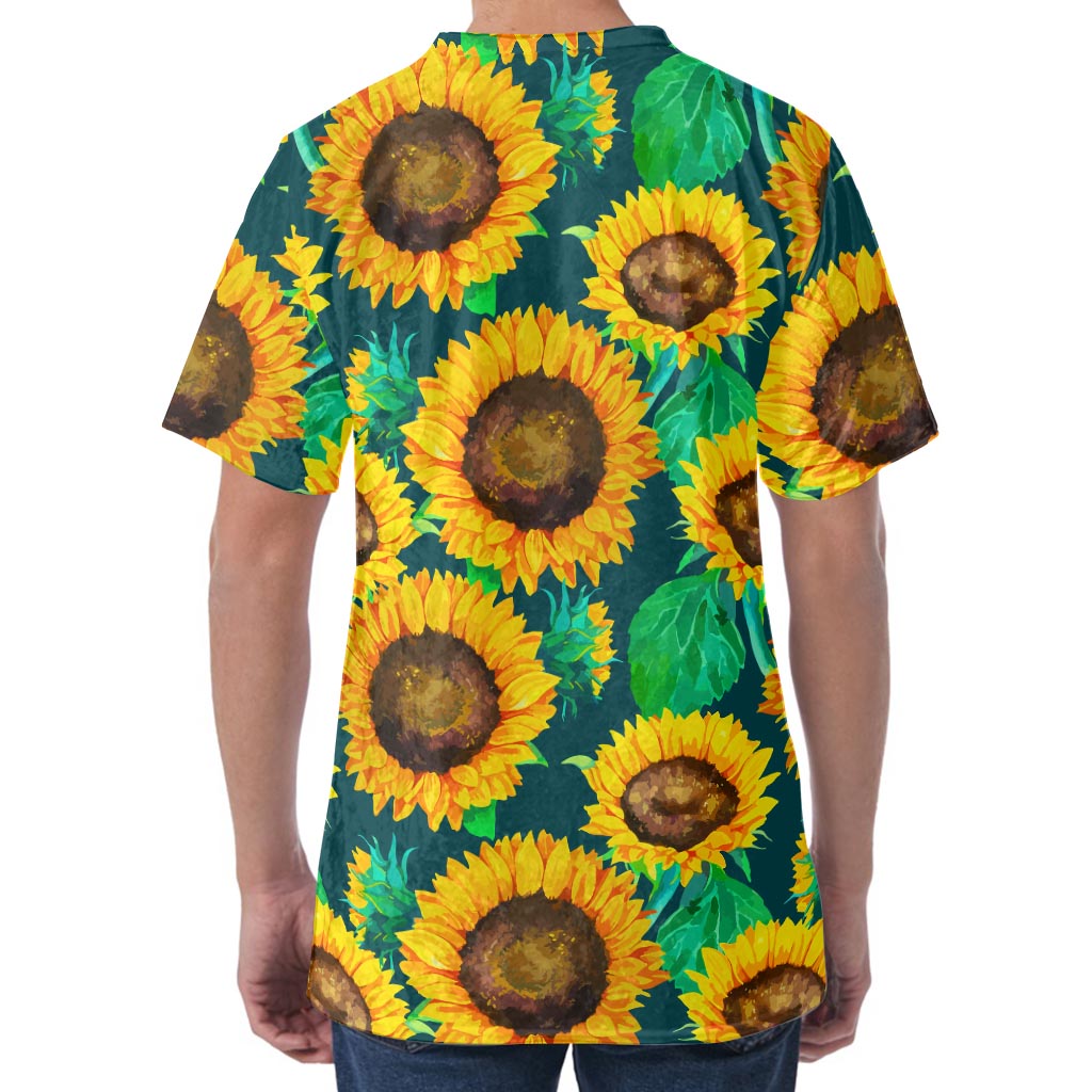 Green Watercolor Sunflower Pattern Print Men's Velvet T-Shirt