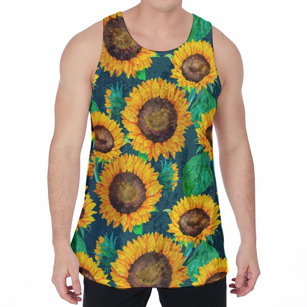 Green Watercolor Sunflower Pattern Print Men's Velvet Tank Top