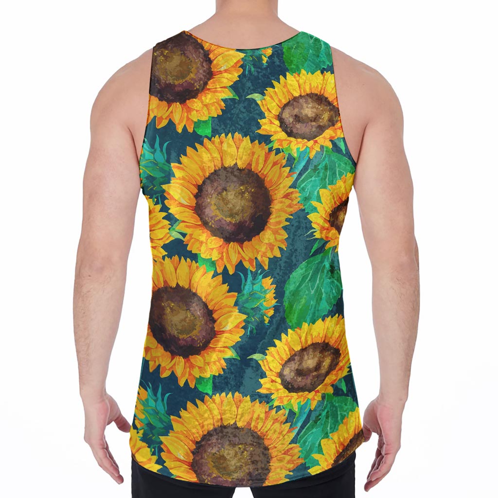 Green Watercolor Sunflower Pattern Print Men's Velvet Tank Top