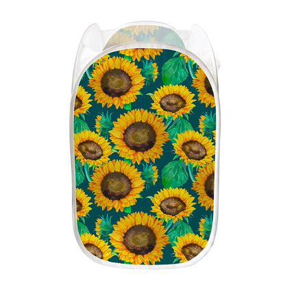 Green Watercolor Sunflower Pattern Print Mesh Laundry Hamper