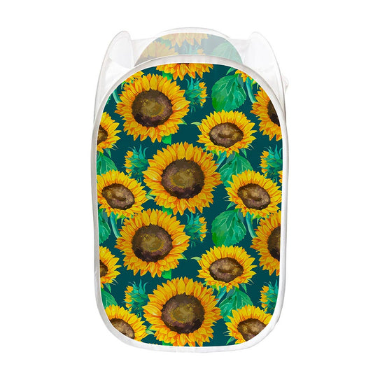 Green Watercolor Sunflower Pattern Print Mesh Laundry Hamper