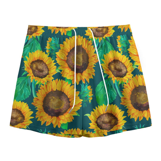 Green Watercolor Sunflower Pattern Print Mesh Shorts