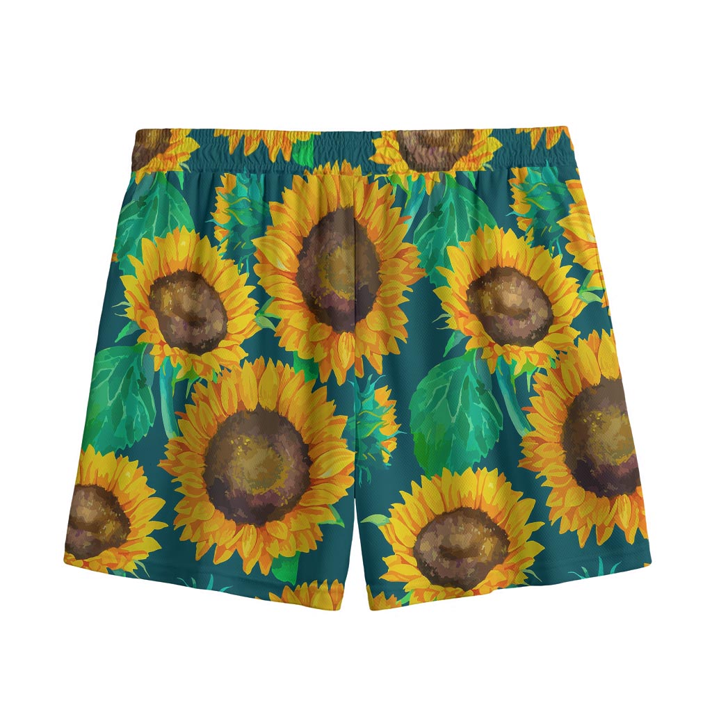 Green Watercolor Sunflower Pattern Print Mesh Shorts