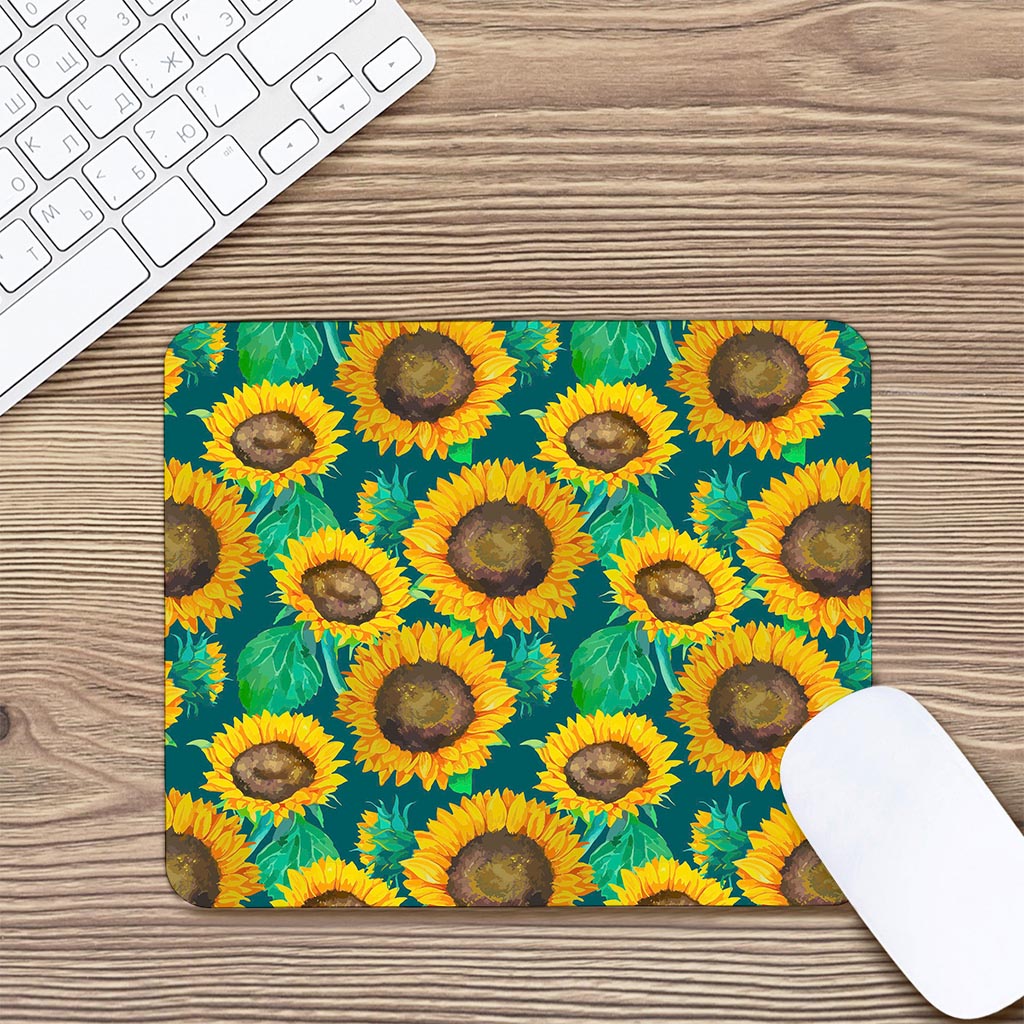Green Watercolor Sunflower Pattern Print Mouse Pad