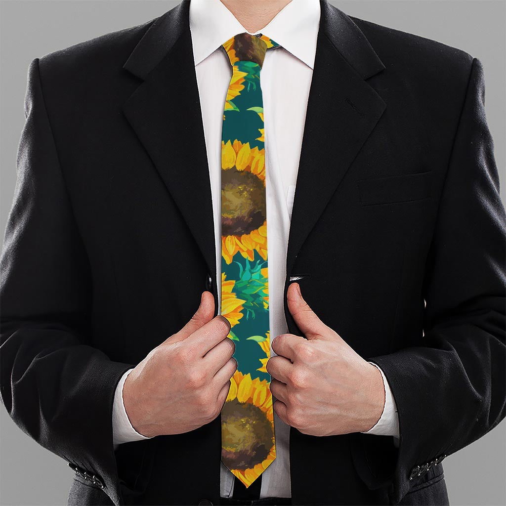 Green Watercolor Sunflower Pattern Print Necktie
