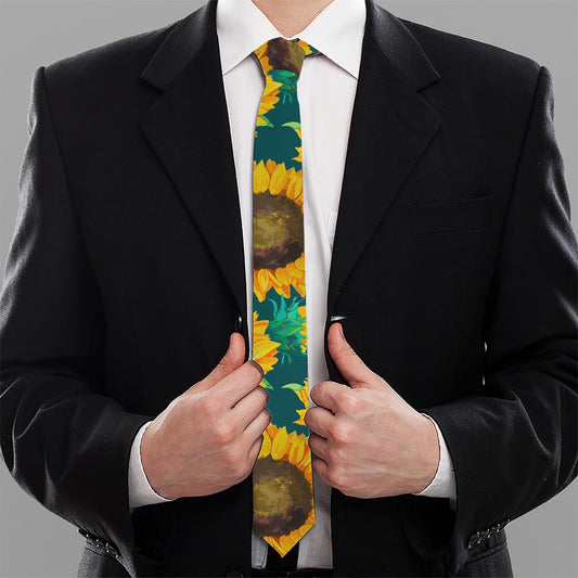 Green Watercolor Sunflower Pattern Print Necktie