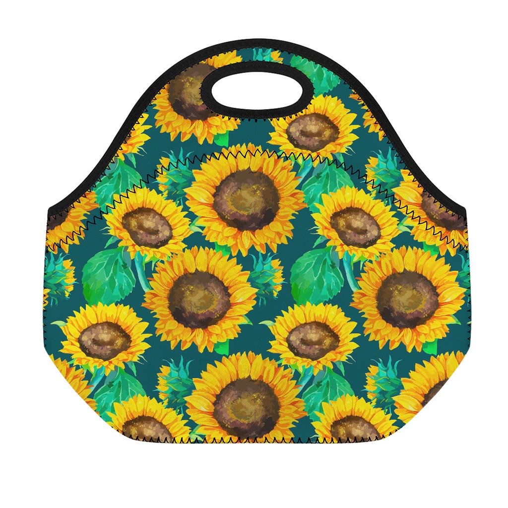 Green Watercolor Sunflower Pattern Print Neoprene Lunch Bag